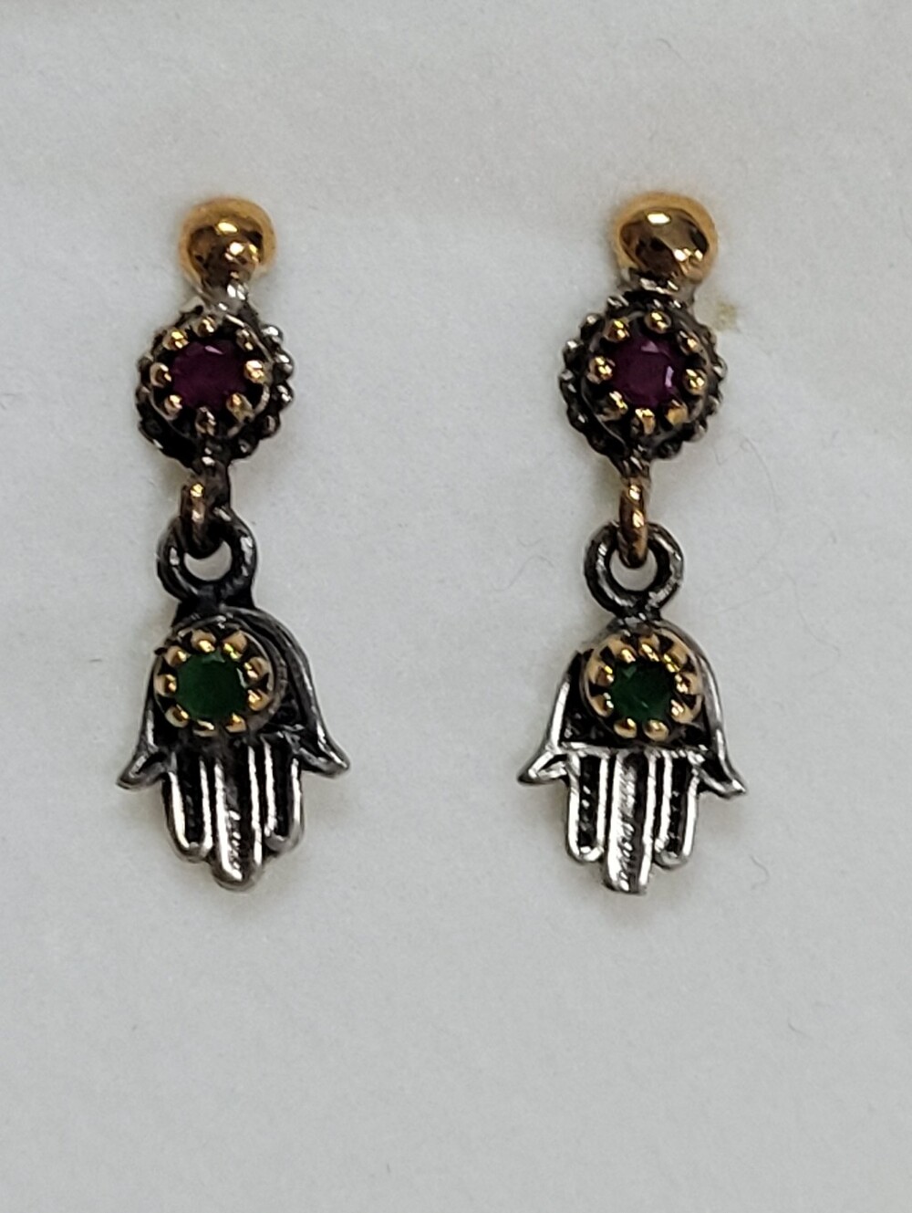 Hamsa Aventurine & Garnet Dangle Earrings Tibetan Gold/Silver-tone NWT